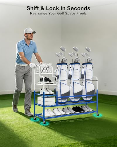 Golf Bag Storage Garage Organizer for 3 Bags, Golf Storage Rack with Wheels | 50% More Space Multi-Zone, All-In-One Compact 5-tier Upscale Sporty Heavy-Duty Rack, 4 360° Casters,Movable Basket,Golf Gifts - size: 3 Golf Bag Rack丨50.4"(L)x15.8(W)"x44.6"(H)