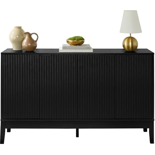 Best Choice Products 55" Modern 4-Door Sideboard Storage Cabinet, Buffet, Media Cabinet, Cupboard, Entryway Accent Table, Bookcase w/Reed Panels and Adjustable Shelves - Black - color: Black
