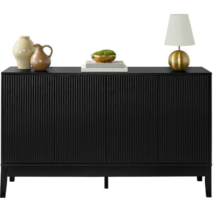 Best Choice Products 55" Modern 4-Door Sideboard Storage Cabinet, Buffet, Media Cabinet, Cupboard, Entryway Accent Table, Bookcase w/Reed Panels and Adjustable Shelves - Black - color: Black