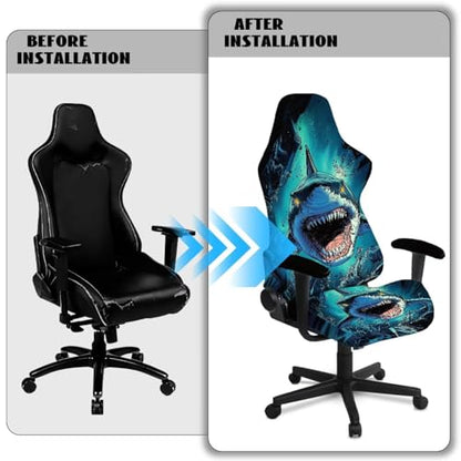 Fierce Shark Universal Gaming Chair Cover with Armrest Covers Cat Proof Stretchable Office Computer Chair Cover Slipcovers Breathable Non Slip Reclining Armchair Slipcover for Gamer Room - color: Fierce Shark