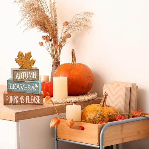 Lineshading 4 Pcs Fall Decorations for Home Thanksgiving Decor Wooden Maple Leaf Fall Table Centerpiece Autumn Tiered Tray Rustic Wood Maple Leaf Block Sign Farmhouse for Home Kitchen Shelf - style: Classic Maple Leaf