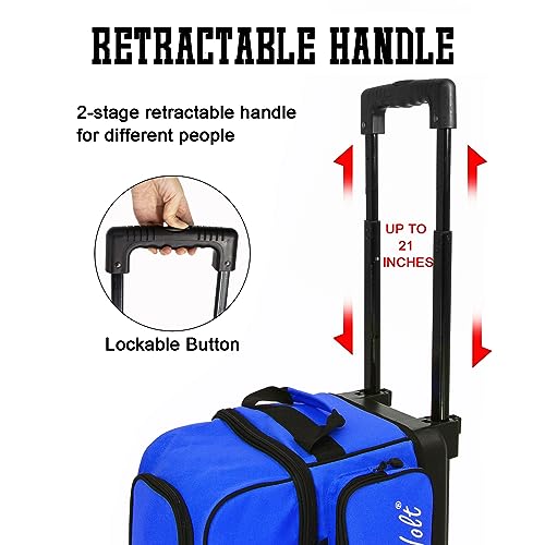WOLT Double Roller 2 Ball Bowling Bag with Separate Shoe Compartment, Large Capacity Bowling Ball Bag with Accessory Pocket, Retractable Handle Extends to 40" - color: Blue