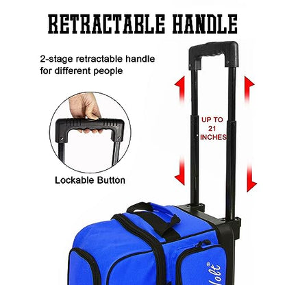 WOLT Double Roller 2 Ball Bowling Bag with Separate Shoe Compartment, Large Capacity Bowling Ball Bag with Accessory Pocket, Retractable Handle Extends to 40" - color: Blue