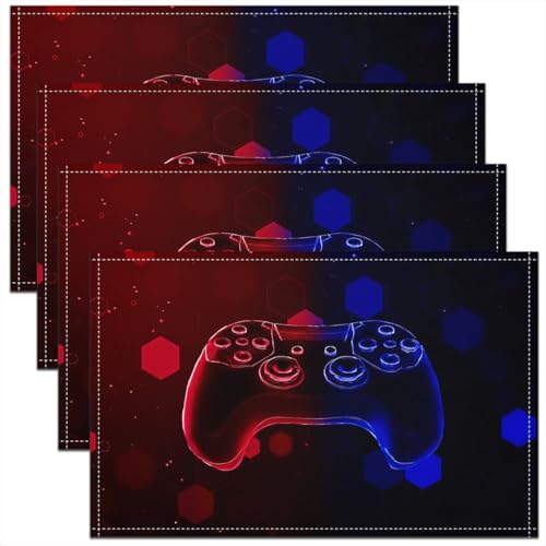 Erosebridal Gamepad 4 PCS of Placemats 12x18 Joystick Place Mat for Dining Table Boys Geometric Neon Gamer Non Slip Table Mats Red Blue Lights Modern - color: Red Blue