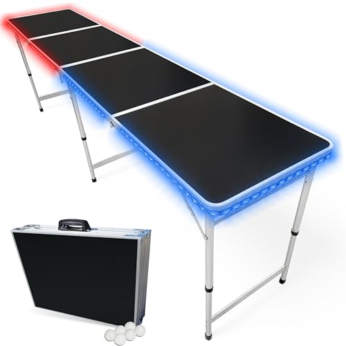 8-Foot Regulation Folding Beer Pong Table w/Beer Pong Balls & Optional Cup Holes, LED Lights, Custom Graphic (Choose Your Model) - size: Black - 8 Foot Table, style: w/ LED Lights