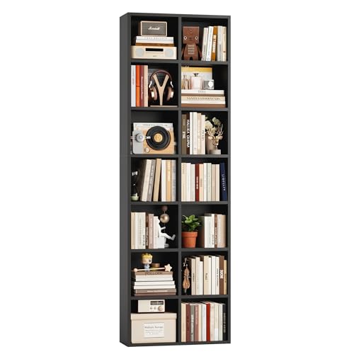 FOTOSOK 71'' Tall Bookshelf with 14 Cubes, 7 Tier Double Wide Black Bookshelf with 6 Adjustable Shelves, 19.6" Narrow Bookcase DVD/CD Media Storage, Space Saving Display Shelf Cabinet, Black - color: Black