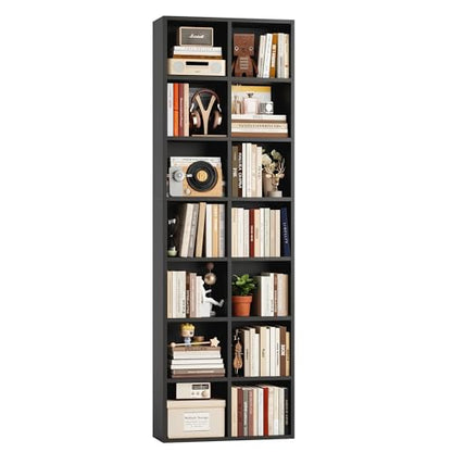 FOTOSOK 71'' Tall Bookshelf with 14 Cubes, 7 Tier Double Wide Black Bookshelf with 6 Adjustable Shelves, 19.6" Narrow Bookcase DVD/CD Media Storage, Space Saving Display Shelf Cabinet, Black - color: Black