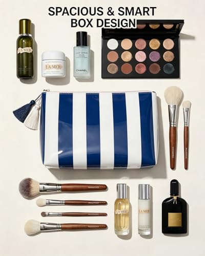 Navy Blue Striped CLear Sunscreen Makeup Bag for Beach,Large Waterproof Cosmetic Travel Pouch for Women,Preppy Aesthetic Toiletry Bag,Beach Pool Summer Essentials Bag For Women Girls(Navy Blue White) - color: Navy Blue White