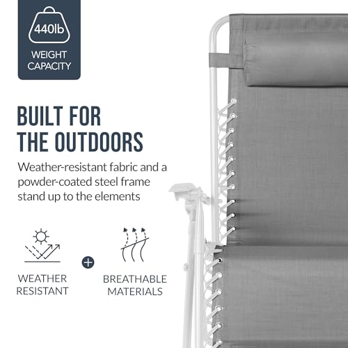 Best Choice Products Set of 2 Extra Wide Adjustable Steel Mesh Zero Gravity Lounge Chair Recliners w/Pillows and Cup Holder Trays - Ice Gray/White - color: Ice Gray/White, size: Oversized Extra Wide