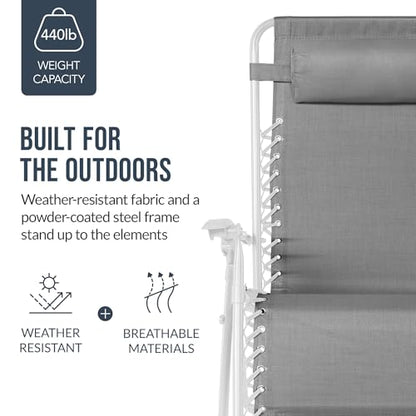Best Choice Products Set of 2 Extra Wide Adjustable Steel Mesh Zero Gravity Lounge Chair Recliners w/Pillows and Cup Holder Trays - Ice Gray/White - color: Ice Gray/White, size: Oversized Extra Wide