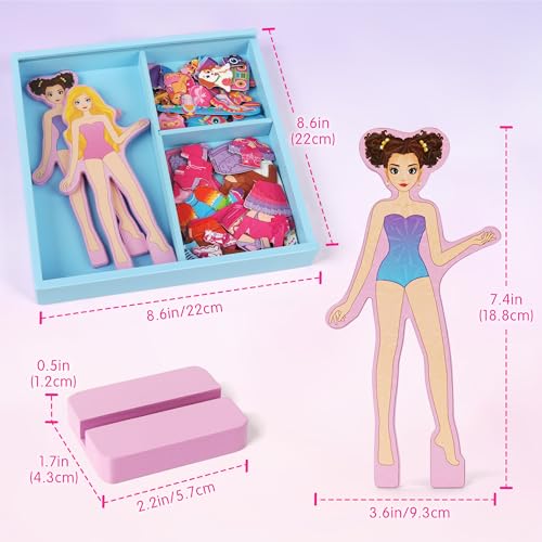 Mocoosy Wooden Magnetic Dress Up Dolls for Kids, Pretend Play Magnet Toys with Storage Case, Travel Game Airplane Car Road Trip Toy On The Go Activity Set Birthday Gift for Girls 3 4 5 6 7 8 Year Old