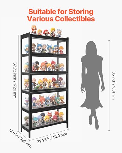 VEVOR Display Cabinet with Acrylic Doors, 68 in Tall 5-Tier Curio Cabinet, Natural Wooden Fame, Collectibles Toy Organizers Rack & Display Case, Bookshelf for Home, Office, Playroom, Living Room - size: 68in