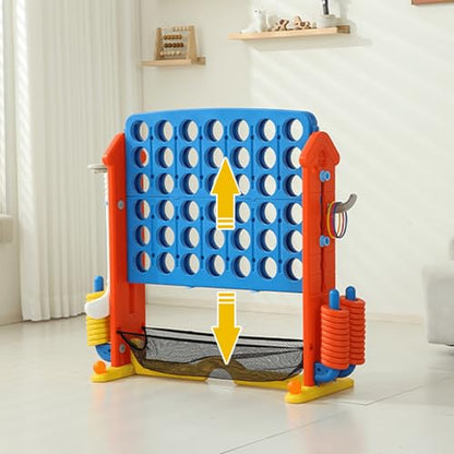 4-to-Score Giant Game Set, 4-in-1 Indoor Outdoor Yard Family Connect Game (4-in-a-Row + Basketball + Ring Toss + Mini Golf), Height Adjustable 2.5–3.3FT, Includes Carry Bag - size: 43"x16"x38"-Orange&Blue