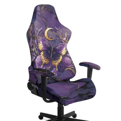 Suobstales Butterfly Moon Lavender Marble Pattern Gaming Chair Cover Stretch Computer Office Chair Cover for Armchair, Swivel Chairs, Computer Boss Chair, Removable Chair Slipcovers with Armrest Cover - color: Butterfly Moon Lavender Marble