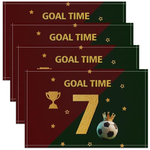 Soccer Competition Kids Placemats Set of 4,Number 7 Football Sport Game Fans Table Place Mats,Star Ball Match Cup Fashion Kitchen Decor,Red Golden Placemat Kitchen Table Decoration 12"x18" - color: Red Golden