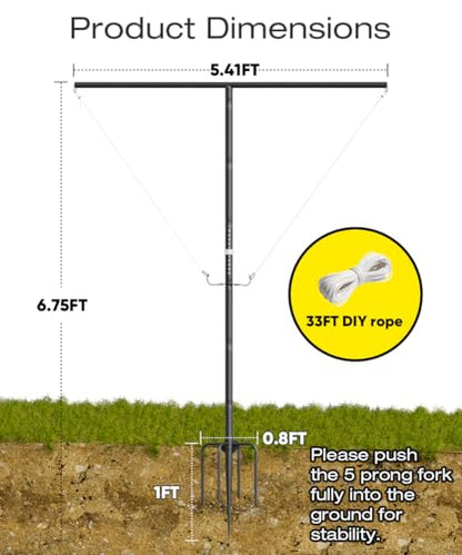 7.5FT Outdoor Giant Ring Toss Game for Adults and Family, Height Adjustable Hook and Ring Game with 3 Sizes Ring & 33FT DIY Rope for Party, Metal Large Ring Toss Game for Home, Yard, Black