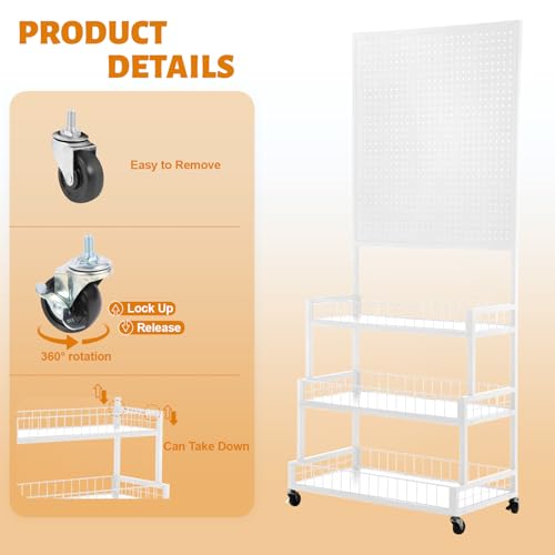 Eastern Tree 3 Tiers Metal Pegboard Display Stand with Pegboard Panel, Standing Pegboard Display Rack, Peg Board Panels, Art Display and Retail Display Stand with 20 Hooks - White - color: White