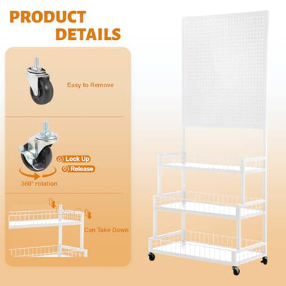 Eastern Tree 3 Tiers Metal Pegboard Display Stand with Pegboard Panel, Standing Pegboard Display Rack, Peg Board Panels, Art Display and Retail Display Stand with 20 Hooks - White - color: White