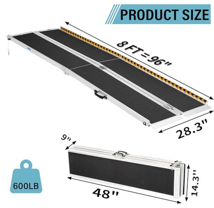 8FT Portable Wheelchair Ramp, Aluminum, 28in Wide, Black | Threshold Ramp For Wheelchair Scooter, Transitioning Curbs Thresholds Doorway Access, Anti Slip, 600 lbs Capacity - size: 8FT-tri-fold-black