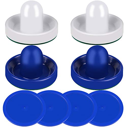 ONE250 Air Hockey Pushers and Red Air Hockey Pucks, Goal Handles Paddles Replacement Accessories for Game Tables (4 Striker, 4 Puck Pack) - color: White & Blue