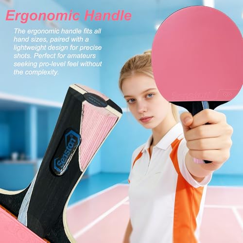 Senston 5-Ply Ping Pong Paddles Set – Premium Wood Table Tennis (Set of 2) with 3 Balls & Portable Carry Case – High-Control 2mm Sponge & Ergonomic Non-Slip Grip for Beginners & Family Play - color: Pink/Blue