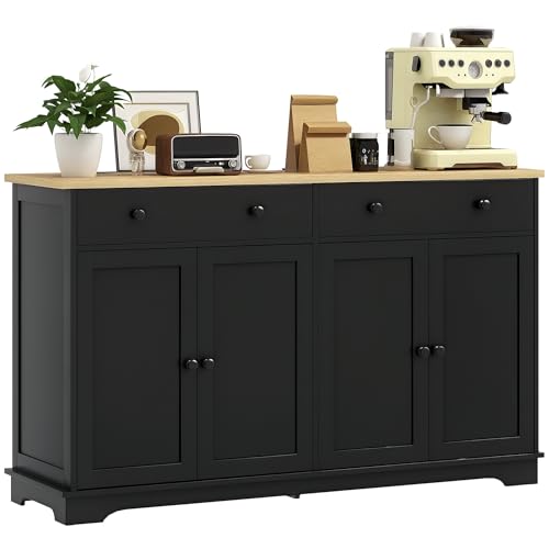 HOMCOM Sideboard Buffet Cabinet with Storage, 55" Modern Kitchen Cabinet with 4 Doors, 2 Drawers and 2 Adjustable Shelves, Coffee Bar Cabinet, Black - color: Black, size: 55.1" x 15.7" x 33.5"