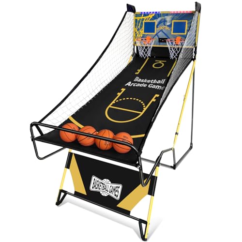 Arcade Basketball Sport,Foldable Indoor Dual Basketball LED Scoring System with Sound Effects,Dual Shoot Sport for Home, Rec Room.Fun for All Players Black - color: Black