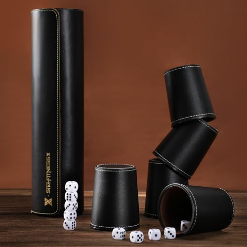 Leather Dice Cup Set, 5 Black Dice Cups + 25 Dices + Exclusive Storage and Transport Case Made of Faux Leather for Dad(Black) - color: Black