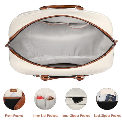 Weekender Bag for Women, Large Overnight Bag Canvas Travel Duffel Bag Carry On Tote with Shoe Compartment 21" 3Pcs Set - color: A11-brown+beige+black