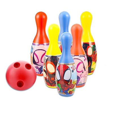Spidey and His Amazing Friends Bowling Games Activities Bundle for Toddlers, Kids - 3 Pc Marvel Spiderman Bowling Set with Stickers, and More | Spidey and Friends Playset