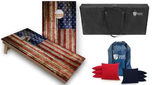 Tournament Grade Tailgating Pros American Flag Wooden Plank Design Cornhole Board Set w/Bean Bags and Carrying Case - 4'x2' Corn Hole Toss Game w/Built in Lights - color: Red / Navy
