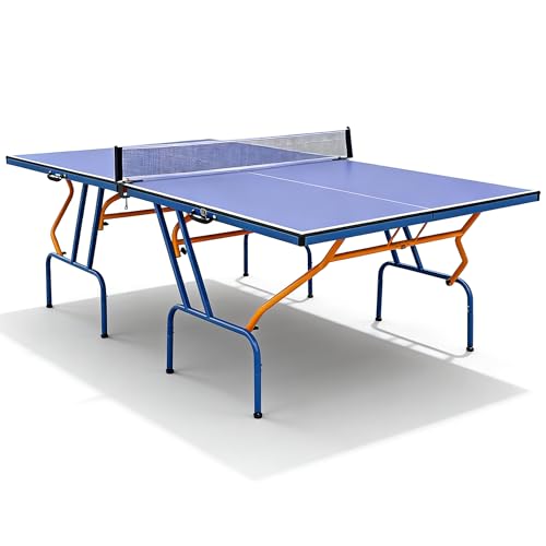 Generic Blue Folding Rolling Table Tennis Table Indoor and Outdoor Table Tennis Table, 2 Rackets, 3 Balls, 1 Net and 4 Wheels Set Behind It for Easy Movement