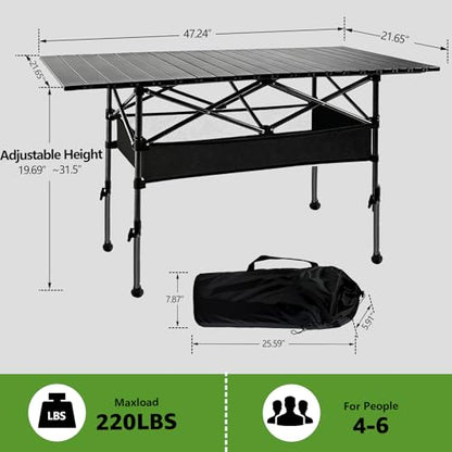 47in Portable Camping Table, Folding Beach Table, with Storage Net & Bag Easy to Carry, Prefect for Outdoor, Picnic, BBQ, Cooking, Festival, Beach, Home Use