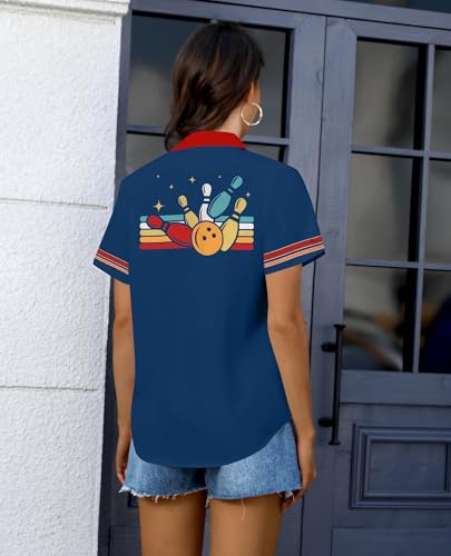Bowling Shirts Women Hawaiian Bowling Shirt Bowling Lover Gift Tops Bowler Button Down Short Sleeve Tee - color: Blue, size: X-Large