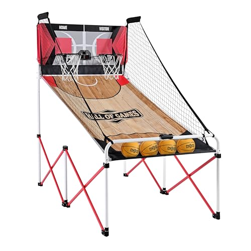 Hall of Games EZ Fold Premium Indoor Arcade Basketball Game with Steel Frame and Polycarbonate Backboard, Dual Shot Electronic Scoring with 6 Size 3 Balls Included, Perfect for Basement Game Rooms - style: FAST-Fold (Easy to assemble)