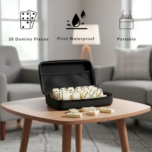 Jumbo Dominos Set with 4 Wooden Racks, Double 6 Dominoes Set with Portable Case 28 Domino Tiles with 4 Tile Holders in Travel Case for Classic Family Board Game