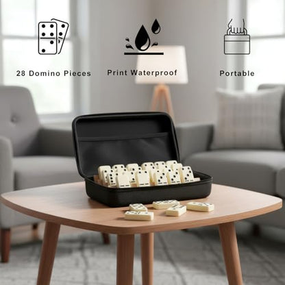Jumbo Dominos Set with 4 Wooden Racks, Double 6 Dominoes Set with Portable Case 28 Domino Tiles with 4 Tile Holders in Travel Case for Classic Family Board Game