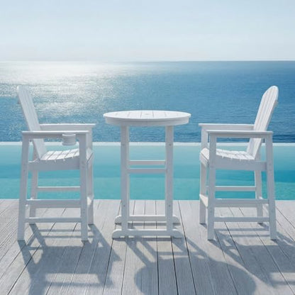 Patio Bar Tables Set of 3, HDPE Outdoor High Top Table and Chairs Set Height Table Chairs Adirondack Bar Set for Garden, Backyard, Yard, Pool, Balcony, White - color: Ø31.1" Bar Set of 3, White