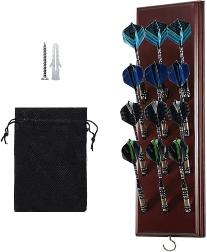 FDLS Darts Holder Wall Mounted Displays 12 or 15 Steel/Soft Tip Darts, Darts Caddy for wall with Metal Hook, Accessory Storage Bag - style: Cherry Finish Hold 12 Darts