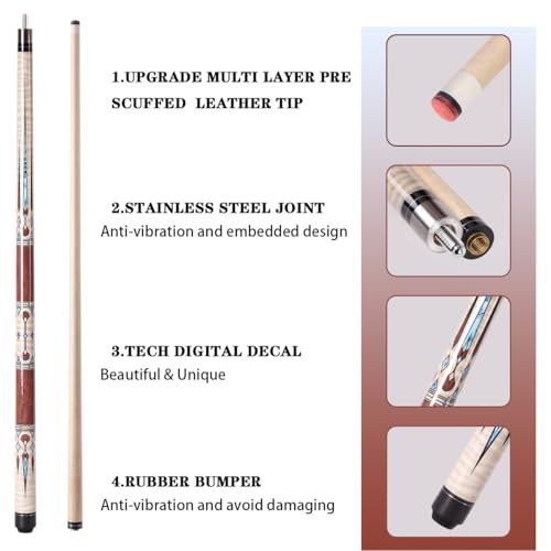 58" Professional Pool Cue Stick Set- Canadian Maple Shaft with Irish Linen Wrap, 13mm Leather Tip, Brass Joint; Includes Glove Cue Bag - color: Red & White