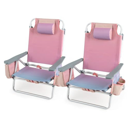 Tangkula Set of 2 Backpack Beach Chair, 5-Position Lay Flat Beach Chairs with Cooler Bag, 2 Cup Holders, Towel Bar, Lightweight Folding Beach Chair with Backpack Straps - color: Pink, style: 2 Pack