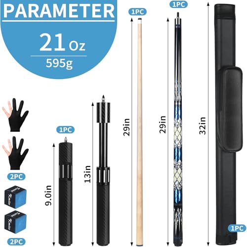 Kmise Professional Pool Cue Stick, 18 19 20oz Canadian Maple Cue Sticks, Low Deflection Shaft with Telescopic Carbon Fiber Extension Cue-Grid - color: blue, style: 21OZ