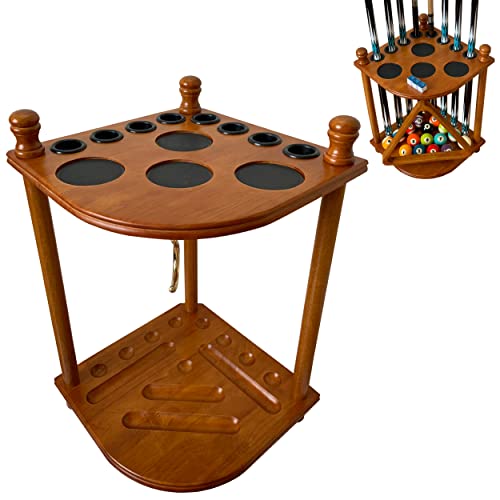 Floor Pool Cue Rack Hold 8 Cue Sticks & Billiard Accessories. Corner Stand Pool Cue Holder Made of 100% Solid Hardwood. Provided Ball Rack Hook. CUE RACK ONLY (Classic Oak) - color: Classic Oak