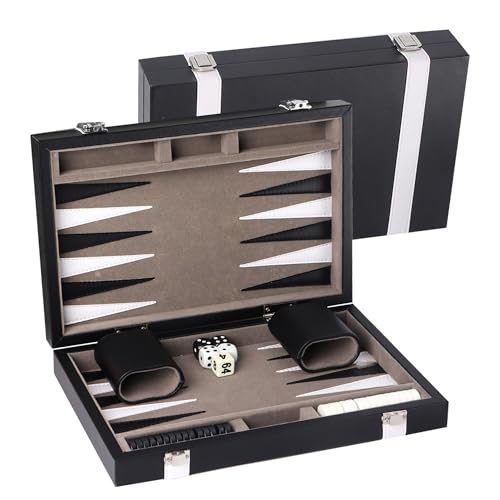 GSE Premium Leather Backgammon Board Game Set, Black&Grey, Small | Premium Leather, Travel Folding Board, Classic Game Set, Leather Case Included - color: Leather-black&grey, size: Small
