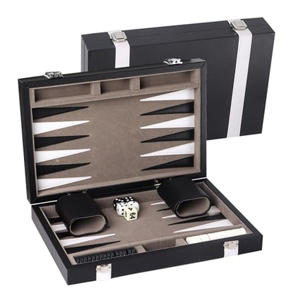 GSE Premium Leather Backgammon Board Game Set, Black&Grey, Small | Premium Leather, Travel Folding Board, Classic Game Set, Leather Case Included - color: Leather-black&grey, size: Small