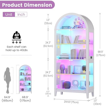 Gurexl 5-Tier Arched Glass Display Cabinet, Motion Sensor RGB LED Showcase with Music Sync Light & Adjustable Shelves, Tempered Glass Curio Cabinet for Action Figures Trophies Collectibles, White - color: White-80008a