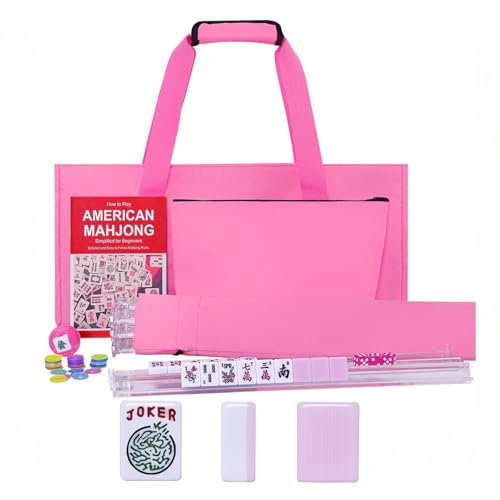 American Mahjong Game Set, 166 Pink Tiles, Pink Bag and Accessories, 4 All-in-One Transparent Rack/Pushers, Mahjong Tiles Set - color: Pink