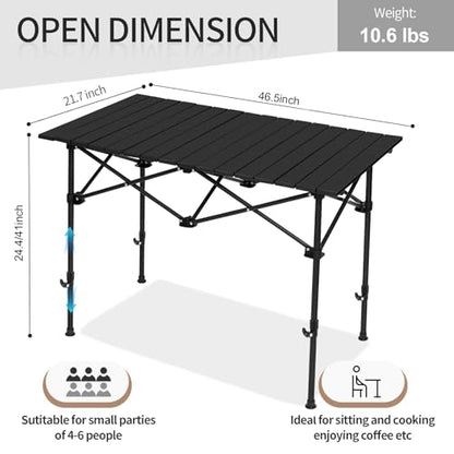 SHANQUAN Folding Camping Table, 46.5 × 21.7 Inches Portable Camp Table Aluminum Fold Up Lightweight Roll Up Table Adjustable Height with Carry Bag for Camping, Picnic, Backyard, BBQ, Patio, Black - size: 47.2*26.8 inch