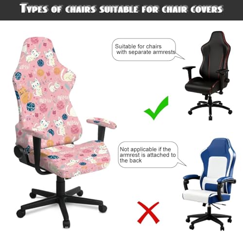 Cartoon Cat Print Gaming Chair Slip Cover Set Universal Fit Computer & Gaming Chair Slipcover with 2 Armrest Covers for Computer Office Seat, Pink - color: Pink - Cartoon Cat