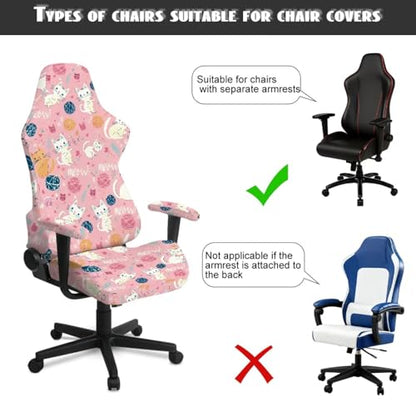 Cartoon Cat Print Gaming Chair Slip Cover Set Universal Fit Computer & Gaming Chair Slipcover with 2 Armrest Covers for Computer Office Seat, Pink - color: Pink - Cartoon Cat